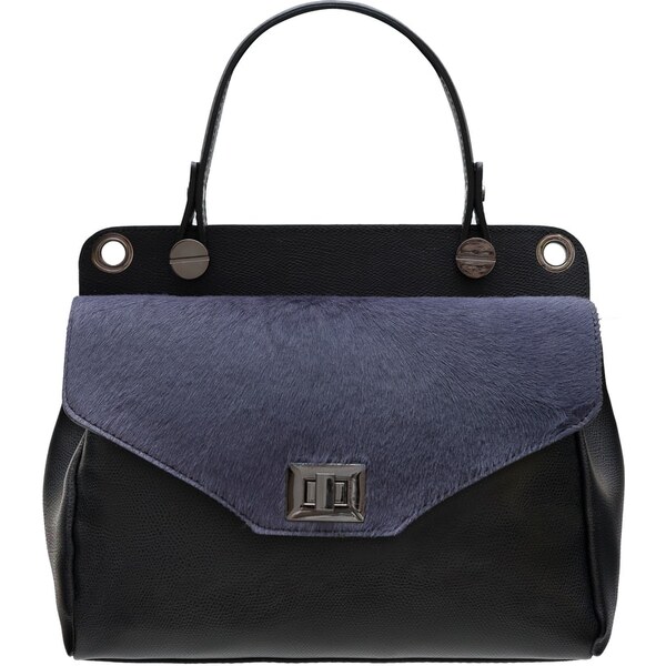 Glamorous by GLAM Dámska čierna kožená kabelka so srsťou malá modro 7126993