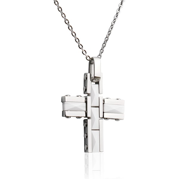 BM Jewellery Náhrdelník krížok bielo-strieborný z chirurgickej ocele 10400288