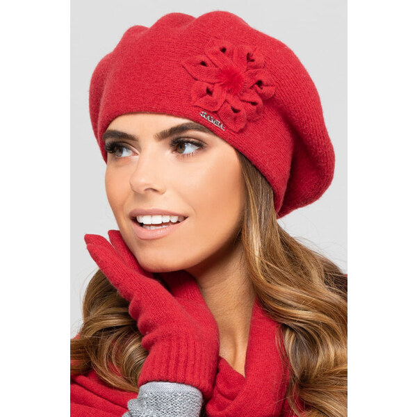 Kamea Červená luxusná dámska baretka s kvetom Sevilla, Farba červená 15123490