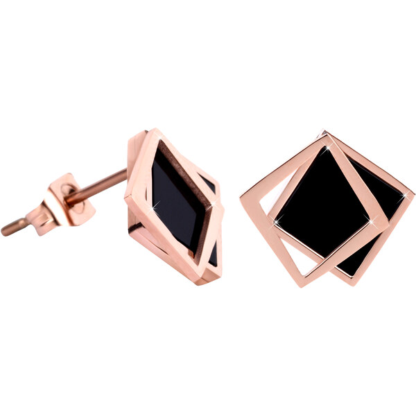Troli Bronzové náušnice v tvare dvojitého štvorca - čierne 66588841