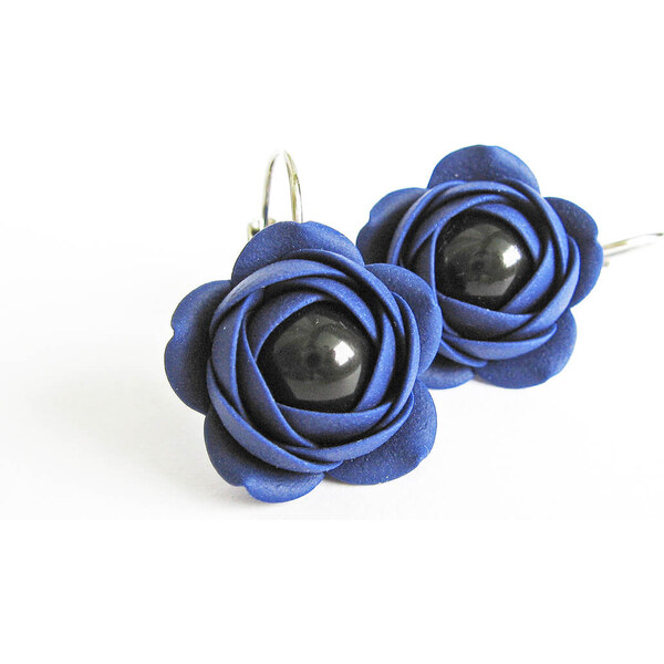 Troli Modré visiace náušnice s čiernou perličkou Estrela kytičky 66596046