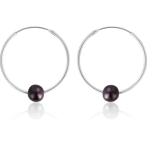 JwL Luxury Pearls Strieborné náušnice kruhy s pravými čiernymi perlami 66580424