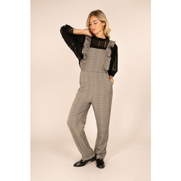 LOVIE & Co Kárované béžové nohavice s náprsenkou 18757530