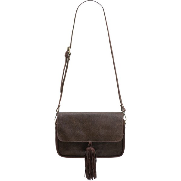 Due Linee Dámska kožená crossbody kabelka so srsťou a strapcov - tmavo 19888201