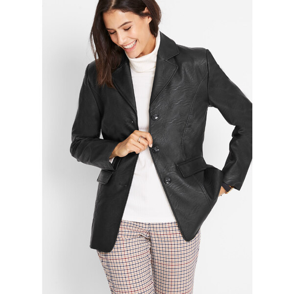 bonprix Dlhý koženkový blejzer, farba čierna 44789630