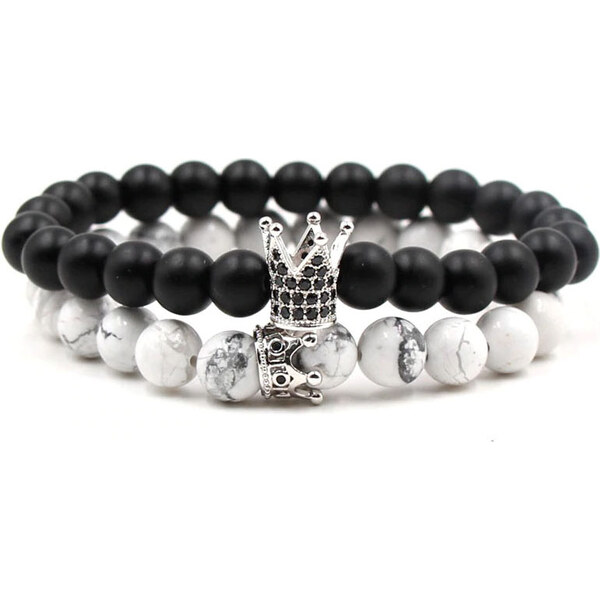 BudNej Náramky pre páry KING and QUEEN CROWN z howlitu a onyxu MN3007 35941795