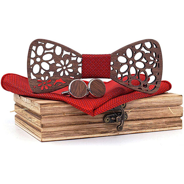 Mahoosive Drevený motýlik s vreckovkou a manžetovými gombíkmi T206-C5 35941805