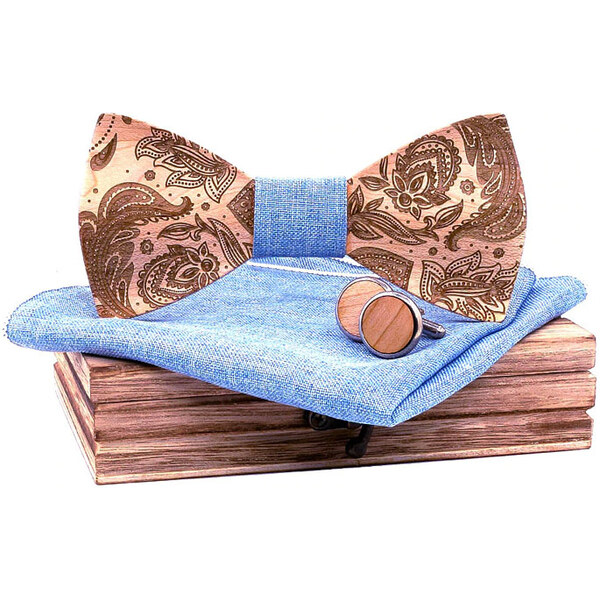 Mahoosive Drevený motýlik 3D s vreckovkou a manžetovými gombíkmi T262 35941844