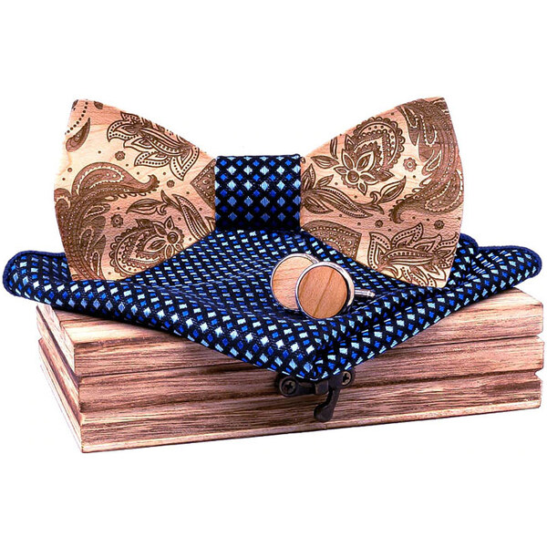 Mahoosive Drevený motýlik 3D s vreckovkou a manžetovými gombíkmi T262 35941845