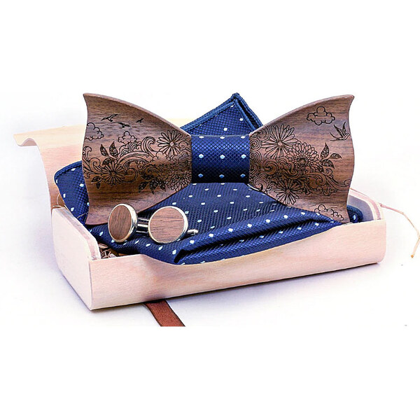 Mahoosive Drevený motýlik 3D s vreckovkou a manžetovými gombíkmi T233 35941843