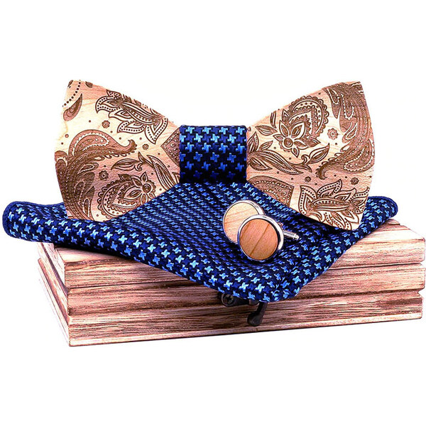 Mahoosive Drevený motýlik 3D s vreckovkou a manžetovými gombíkmi T262 35941876