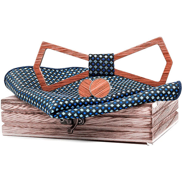 Mahoosive Drevený motýlik s vreckovkou a manžetovými gombíkmi T207-C6 35941897