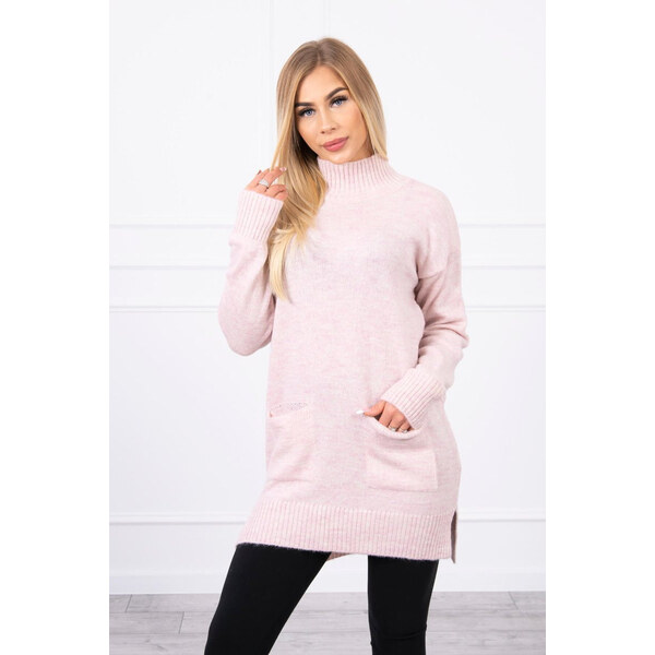 MladaModa Úpletový sveter s rozparkami, vreckami a stojačikom pudrovo 66338107