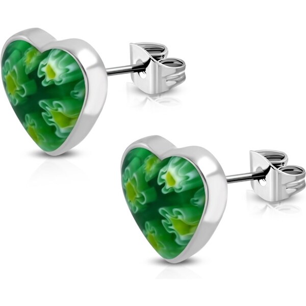 CITY STORM Dámske oceľové náušnice v tvare srdiečka s kvetmi - zelené 66853578