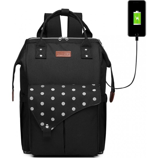 KONO Prebaľovací batoh na kočík Polka s USB portom - čierny bodkovaný 61881970