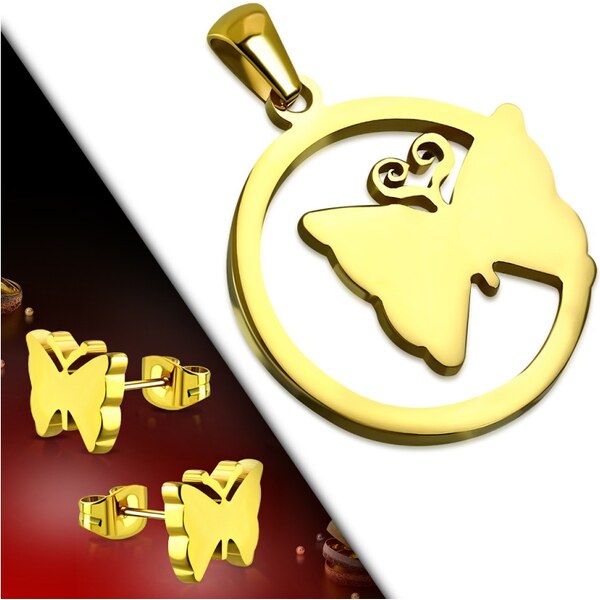 CITY STORM Dámsky okrúhly set prívesok a náušnice s motýlikom v zlatej 66888814