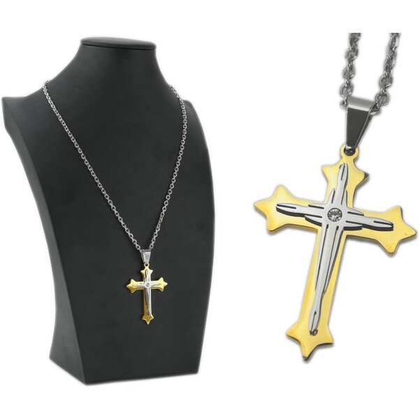 CITY STORM Oceľová retiazka s veľkým príveskom kríž v zlato 66889004