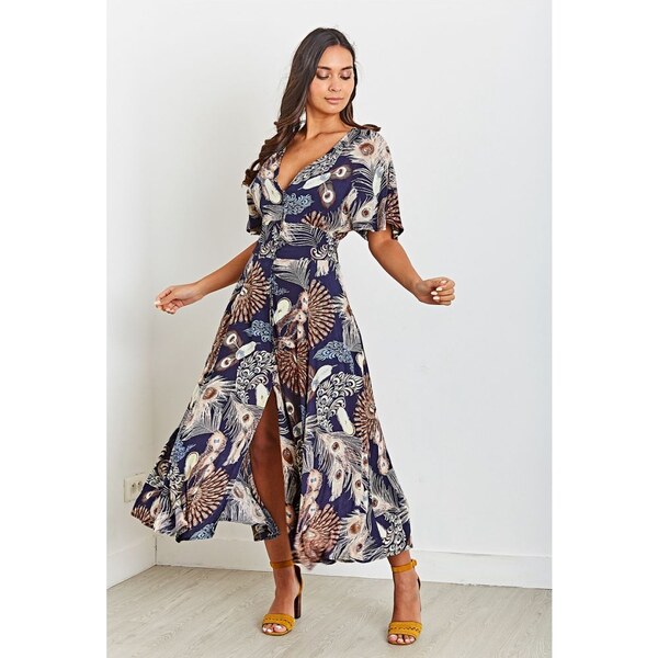 Last Queen Modré dlhé šaty s pávím vzorom 22577407