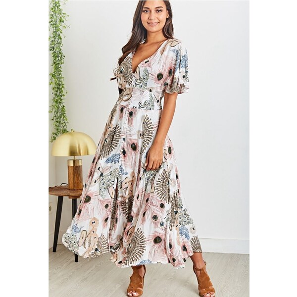 Last Queen Biele dlhé šaty s pávím vzorom 22577409