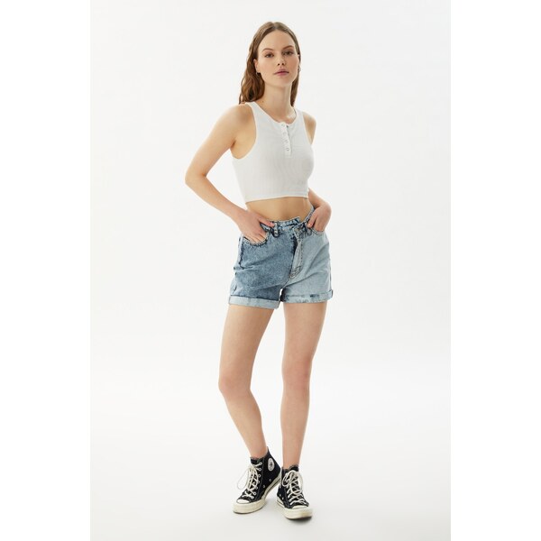 Trendyol Blue Color Block Asymmetric Closure Denim Shorts 54995194