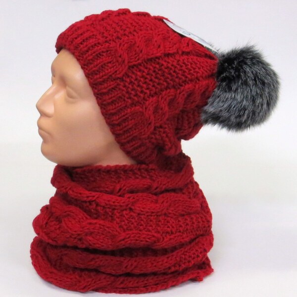 Dámsky set šál (nákrčník) a zateplená čiapka s 2 brmbolcami- červený 65776657