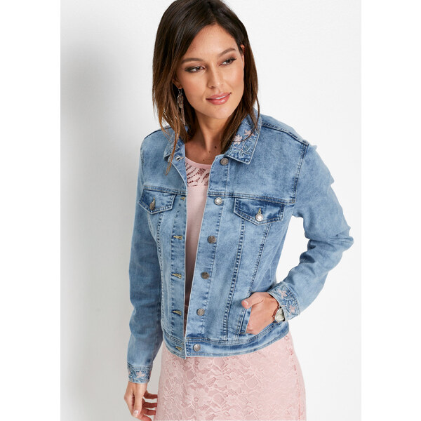 bonprix Džínsová bunda s výšivkou, farba modrá 49696655