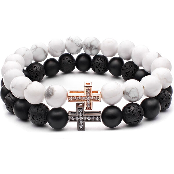 BudNej Náramky pre páry CROSS z howlitu, onyxu a lávových kameňov 35941930
