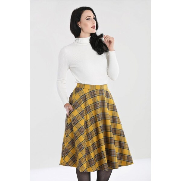 Hell Bunny Dijon Horčicová károvaná sukňa 25865023