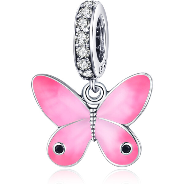 Emporial strieborný visiaci prívesok Ružový glazúrovaný motýľ 55550772