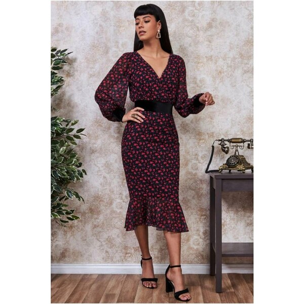 Goddiva Červené kvetinové midi šaty 27203008