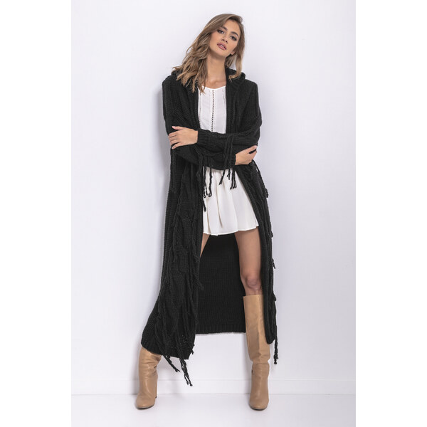 Glara Pletený vlnený maxi kardigán so strapcami 27595823
