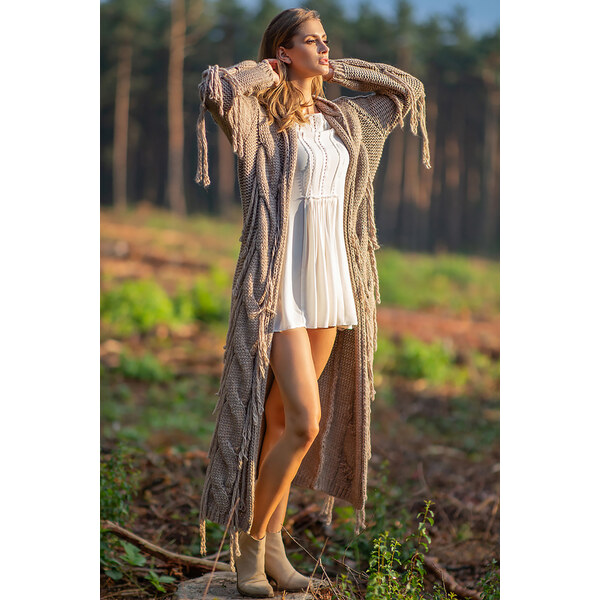 Glara Pletený vlnený maxi kardigán so strapcami 27595824