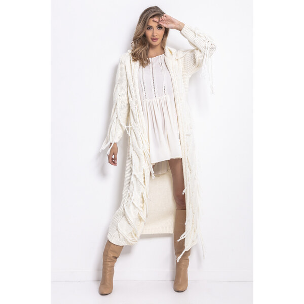 Glara Pletený vlnený maxi kardigán so strapcami 27595826
