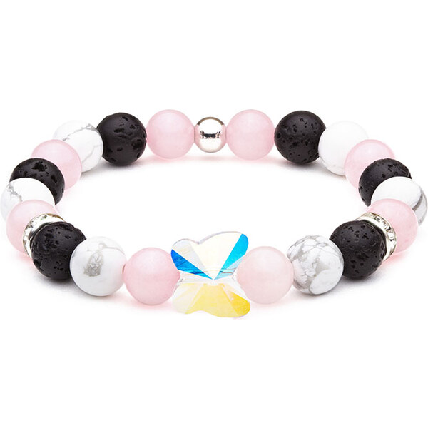 BudNej Minerálny náramok MOTÝĽ Swarovski z ruženínu, howlitu a 35942050