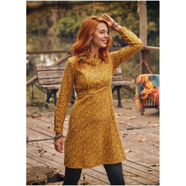 LOS BANDITOS Horčicové mini šaty s kvetmi 28196701