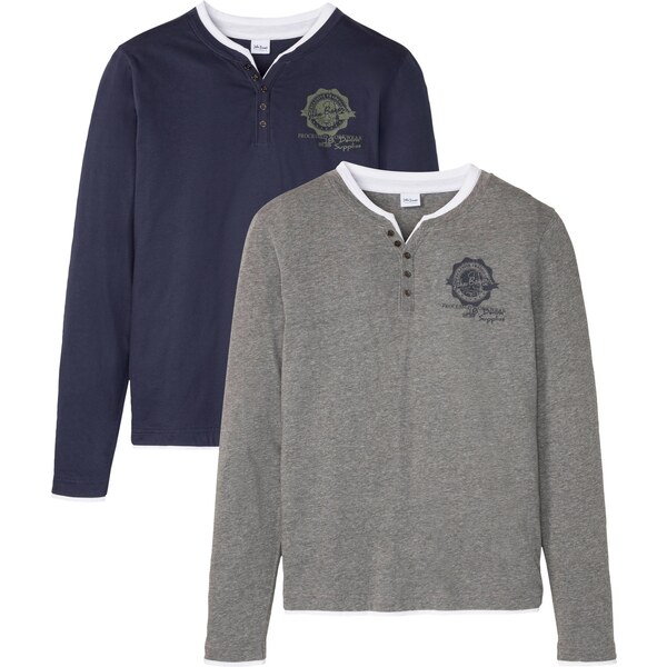 bonprix Tričko s výstrihom na gombičky, dlhý rukáv (2 ks v balení), 47897608