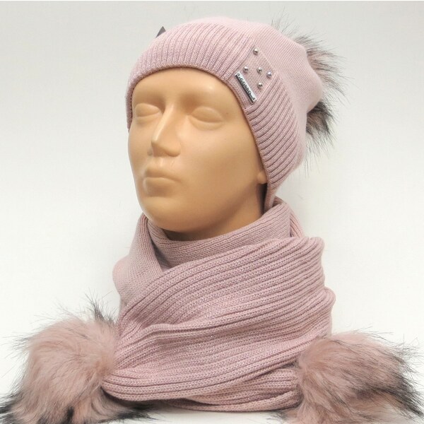 Dámsky set zateplená čiapka a šál s brmbolcami- ružový 28818721