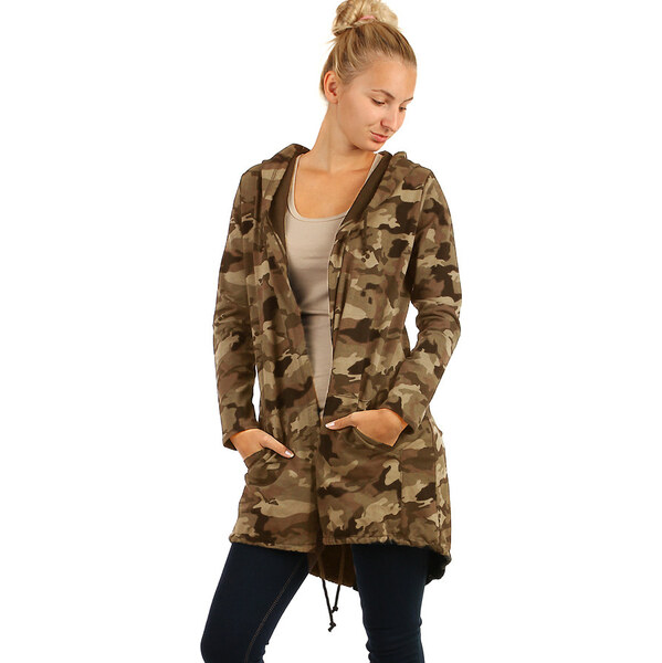 Glara Dlhý dámsky maskáčový kardigán bez zapínania aj pre plnoštíhle 29430449