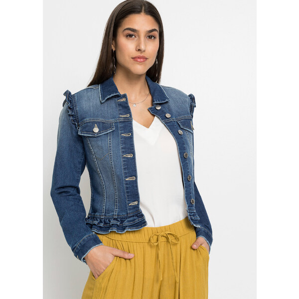 bonprix Džínsová bunda s volánmi, farba modrá 44915610