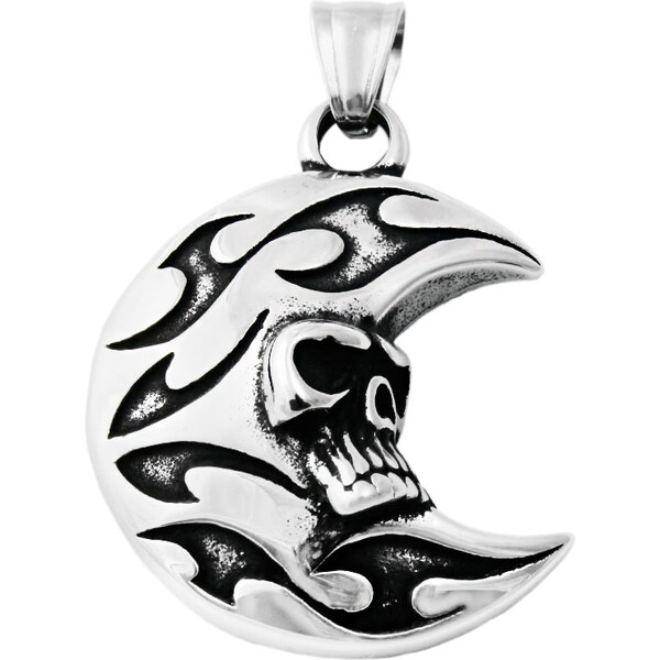 BM Jewellery Pánsky prívesok 4 cm z chirurgickej ocele mesiac s lebkou 31721293