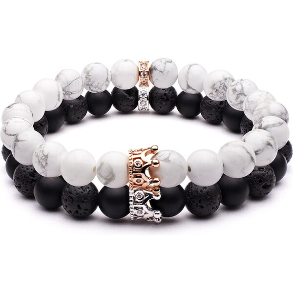 BudNej Náramky pre páry QUEEN CROWN z howlitu, onyxu a lávových 35942066