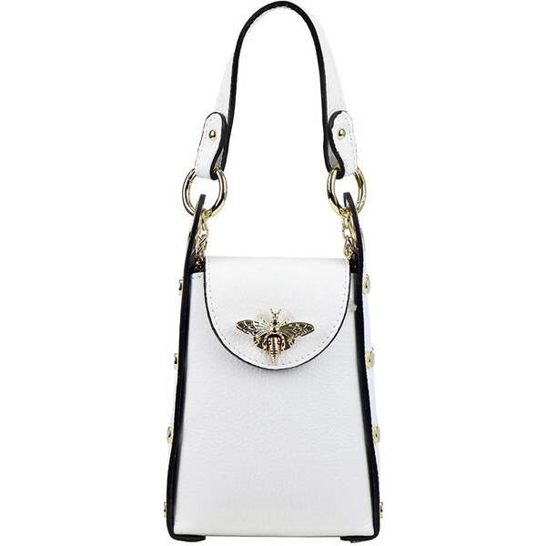 Luka Malá biela imidžová kožená kabelka do ruky s brošňou 32551771