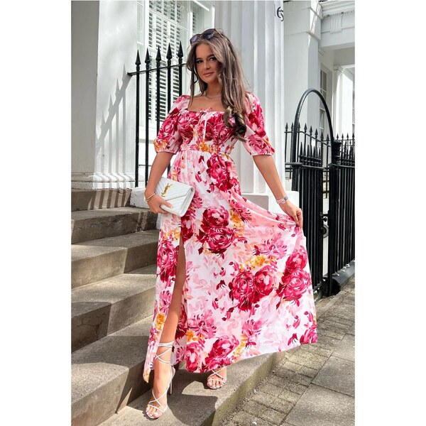 GIRL IN MIND Rhea Ružové maxi šaty s kvetmi 34045840