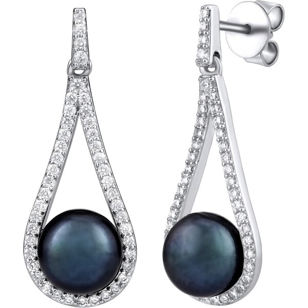 Ligot Strieborné náušnice s čiernou prírodnou perlou a čírymi zirkónmi 46720002