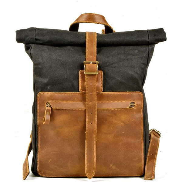 Glara Rolovací plátený batoh s koženými detailmi 36989016