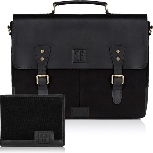 PAOLO PERUZZI Pánska kožená taška + peňaženka | čierna ZUP-08-BL 34444119