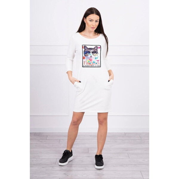 K-Fashion Šaty s 3D grafikou mačky ecru 49758626