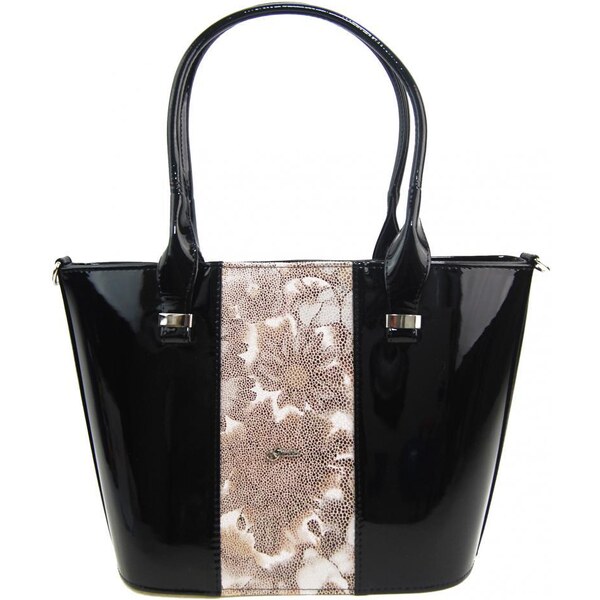 Luxusná dámska kabelka čierny lak s hnedými kvietkami S504 GROSSO 34796628