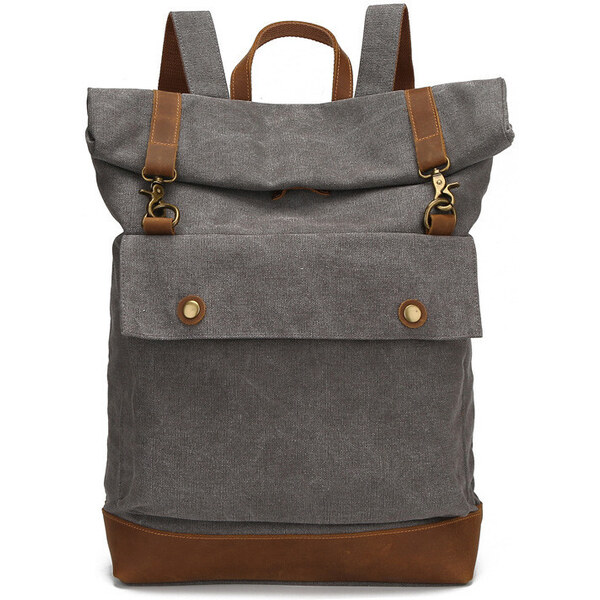 Glara Študentský plátený rolovací batoh s koženými detailmi 35452169