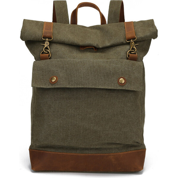 Glara Študentský plátený rolovací batoh s koženými detailmi 35452170